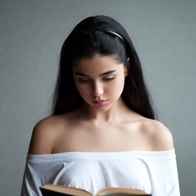 Young woman reading book topless