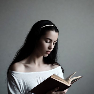 Woman reading book in white off-shoulder top