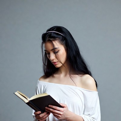 Woman reading book off-shoulder top