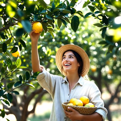 Woman picking lemons in orchard