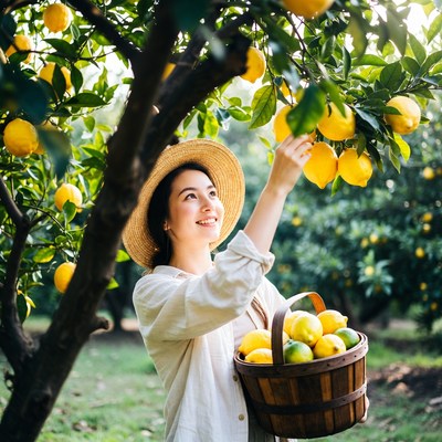 Asian woman picking lemons from tree