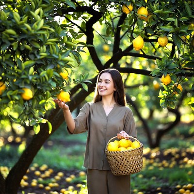 Woman picking lemons from tree