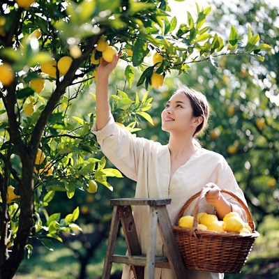 Asian woman picking lemons from tree