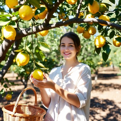 Young woman holding lemon in orchard