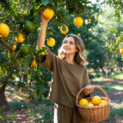 Woman picking lemons from tree