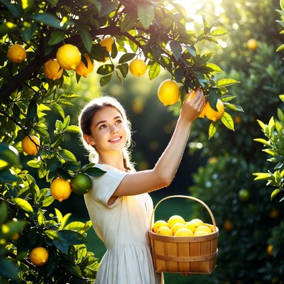 Girl picking lemons in orchard