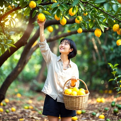 Asian woman picking lemons from tree