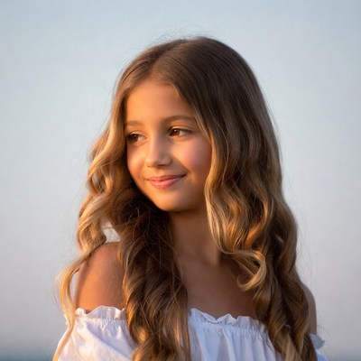 Girl with wavy hair smiling sideways