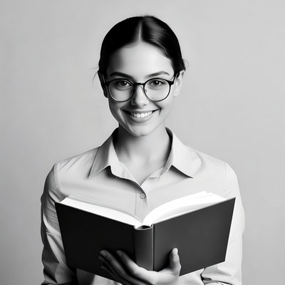 Young woman reading book in glasses