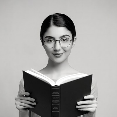 Young woman reading book in glasses