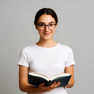 Young woman reading book with glasses