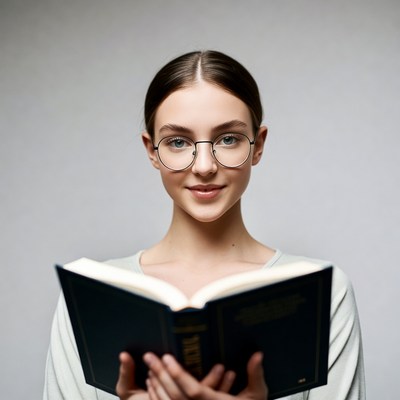 Woman reading book with glasses