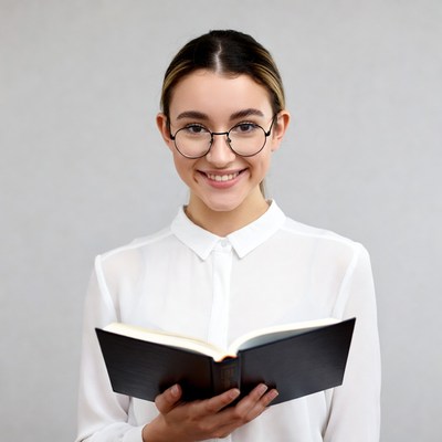 Young woman reading book in glasses