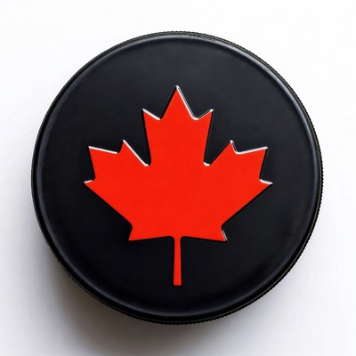 Black hockey puck with red maple leaf