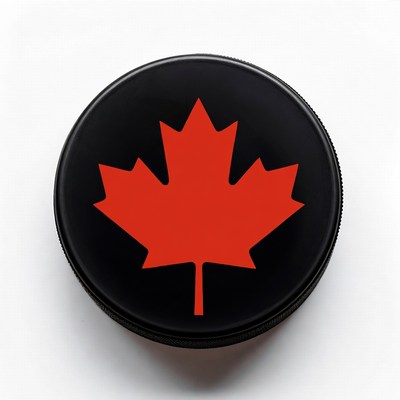 Black hockey puck with red maple leaf