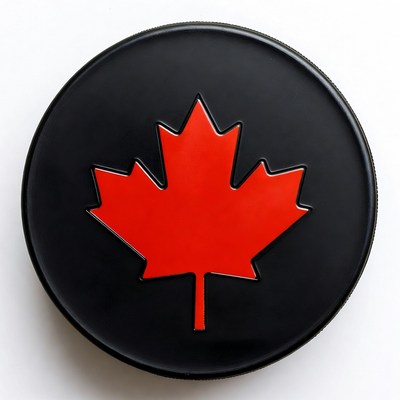 Black Hockey Puck with Red Maple Leaf
