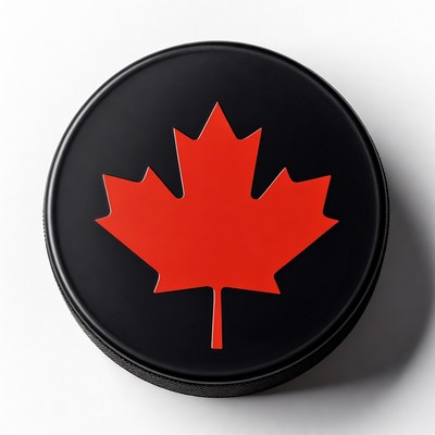 Black hockey puck with red maple leaf