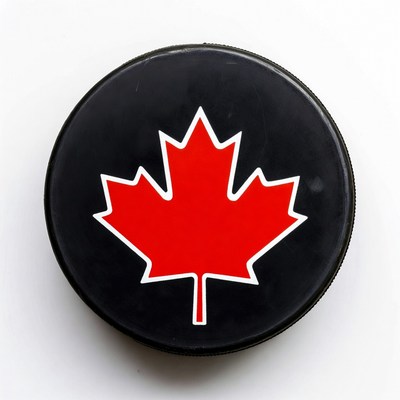 Black hockey puck with red maple leaf