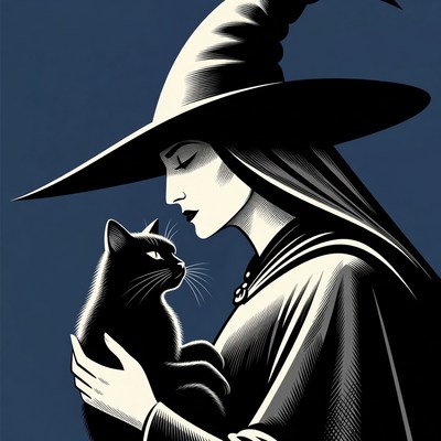 Woman holding black cat in witch hat