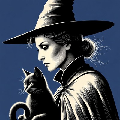 Woman in witch hat holding black cat