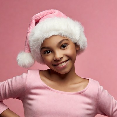 African-American girl in pink Santa hat