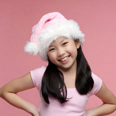 Asian girl in pink Santa hat