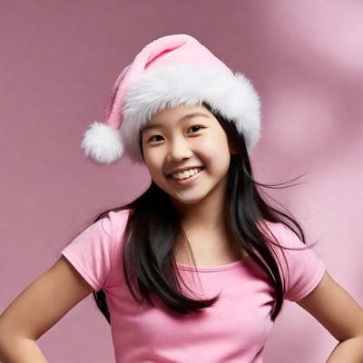 Asian girl smiling in pink Santa hat