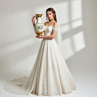 Bride holding decorative vase