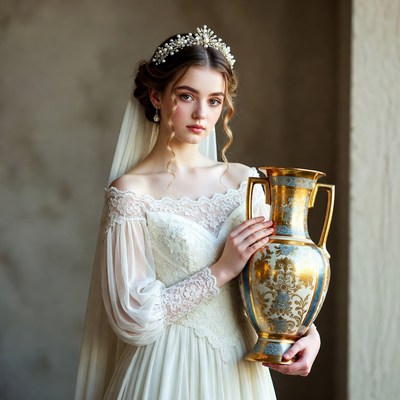 Woman in white lace gown holding golden vase