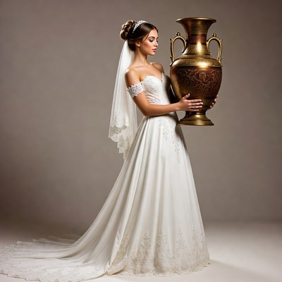 Bride holding large golden vase