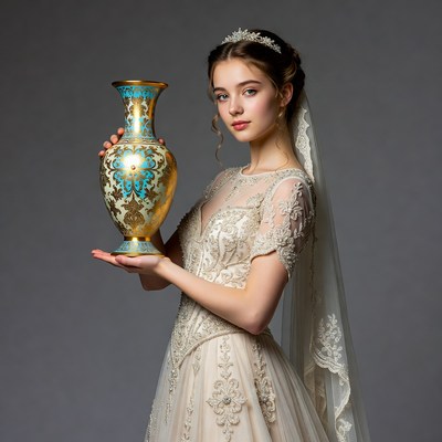 Bride holding ornate blue vase