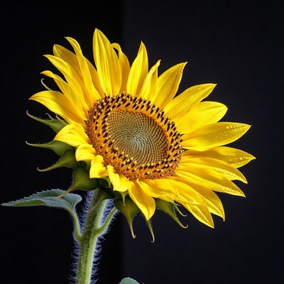 Sunflower with Dewdrops on Black Background