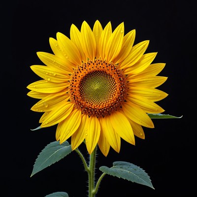 Sunflower with Dewdrops on Black Background