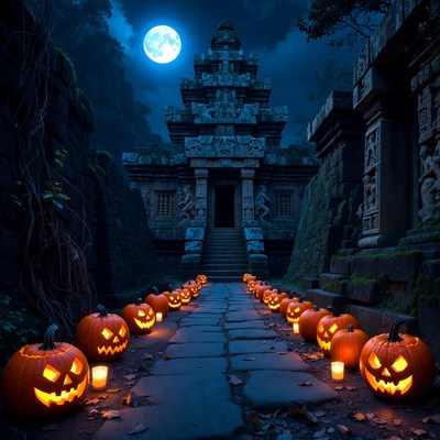Halloween Pumpkins Leading to Ancient Temple