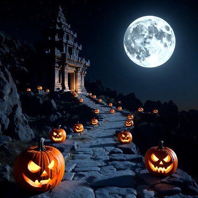 Halloween Pumpkins Leading to Temple