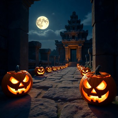 Halloween Pumpkins Leading to Ancient Temple