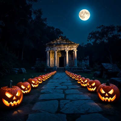 Halloween Pumpkins Leading to Ancient Temple