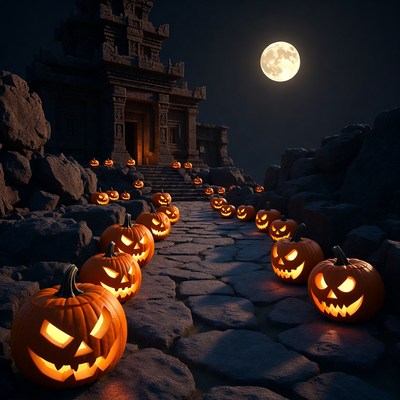 Halloween Pumpkins Leading to Ancient Temple