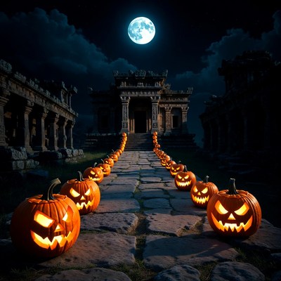 Halloween Pumpkins Leading to Ancient Temple