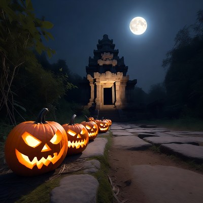 Jack-o'-lanterns Leading to Moonlit Temple