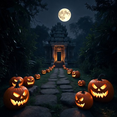 Halloween Pumpkins Leading to Ancient Temple