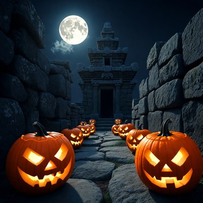 Jack-o-Lanterns Leading to Ancient Temple