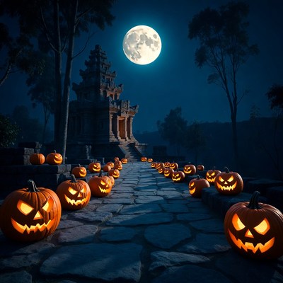 Halloween Pumpkins Leading to Ancient Temple
