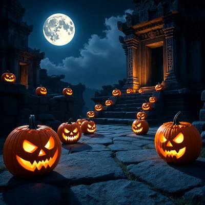 Jack-o-lanterns on ancient temple stairs