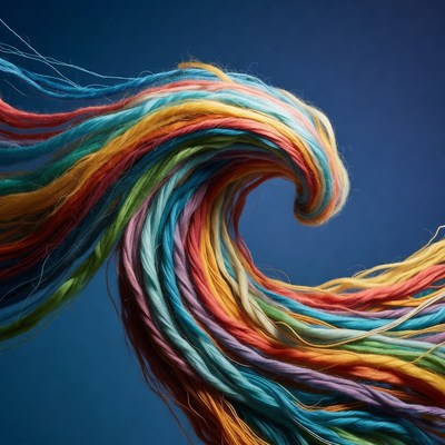 Colorful yarn wave on blue background