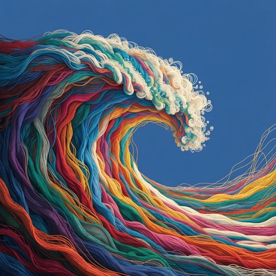 Colorful yarn wave on blue background