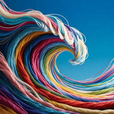 Colorful yarn wave on blue background