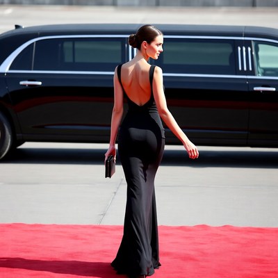Woman in black gown on red carpet