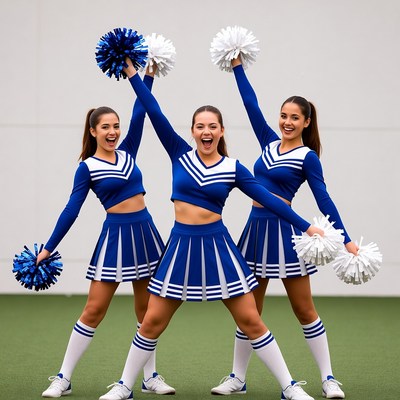 Three Latina cheerleaders with pom poms