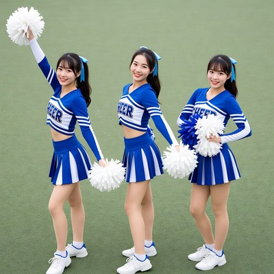 Three Asian cheerleaders with pom poms